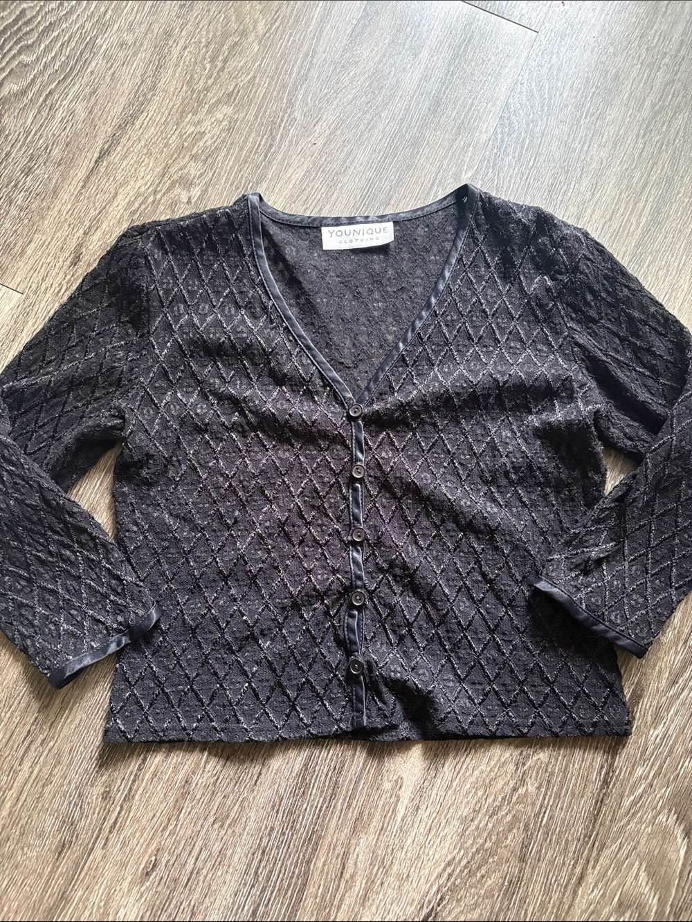 90s/Y2K Younique Black Diamond lace Button Front Cardigan